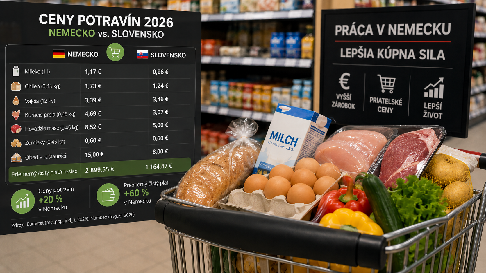 Porovnanie cien potravín a priemernej mzdy v Nemecku a na Slovensku v roku 2026.