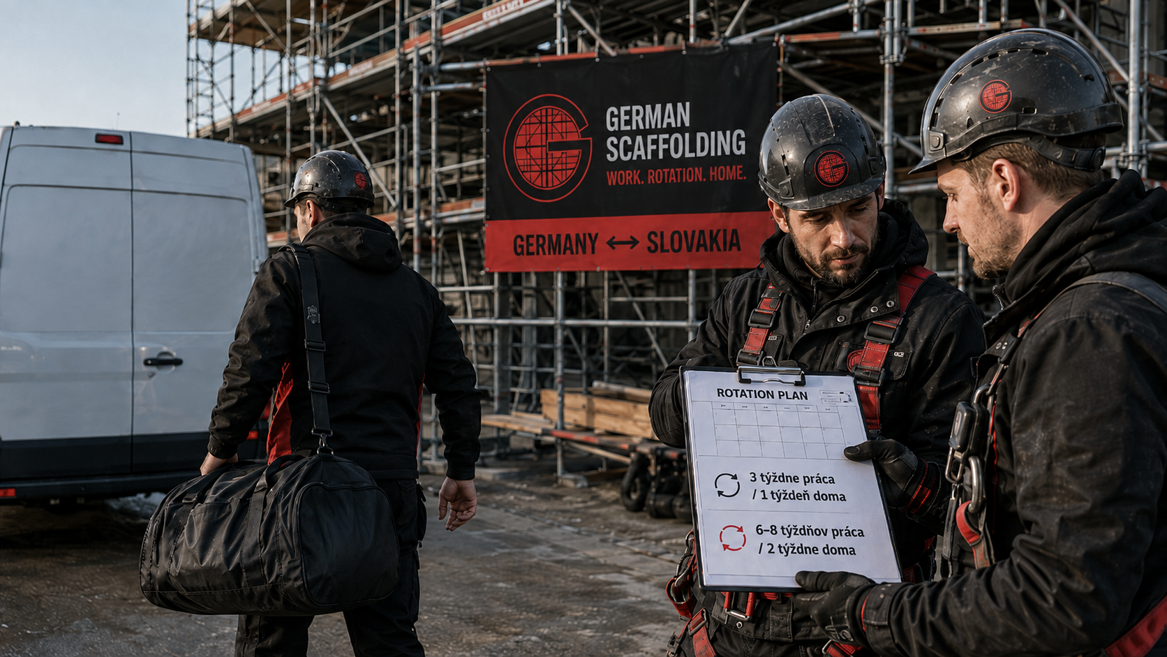 Lešenári pri odchode na turnus do Nemecka s plánom pracovných turnusov a návratov domov.